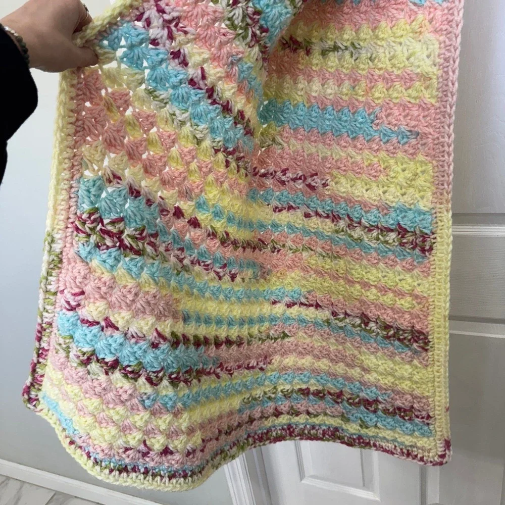 Hand Crochet Square Rainbow Baby‎ Blanket Multicolor Pastel Cottagecore Knit